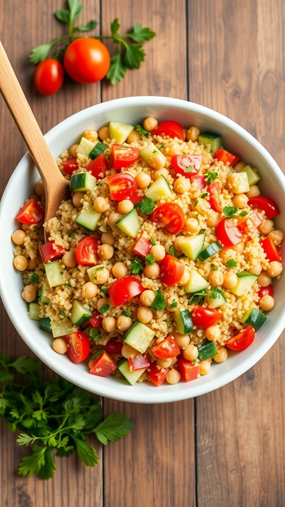 Protein-Packed Quinoa Chickpea Salad A colorful quinoa chickpea salad with cucumbers, bell peppers, cherry tomatoes, and parsley in a bowl.